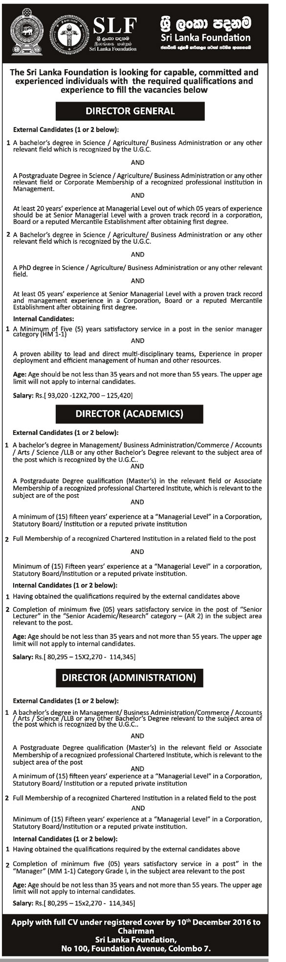 Director General, Director (Academics), Director (Administration) - Sri Lanka Foundation	